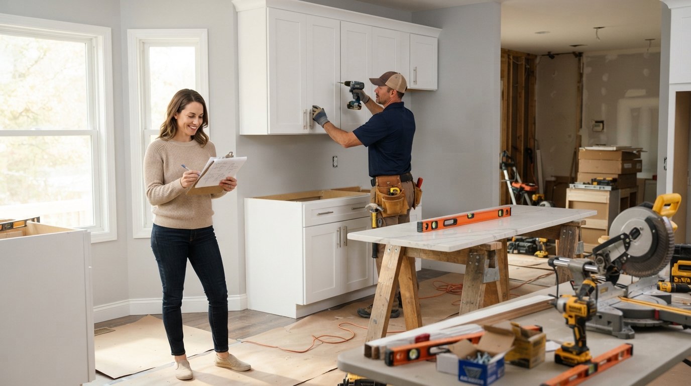 Contractor in navy polo installing white shaker cabinets while homeowner in beige sweater reviews budget notes on a…