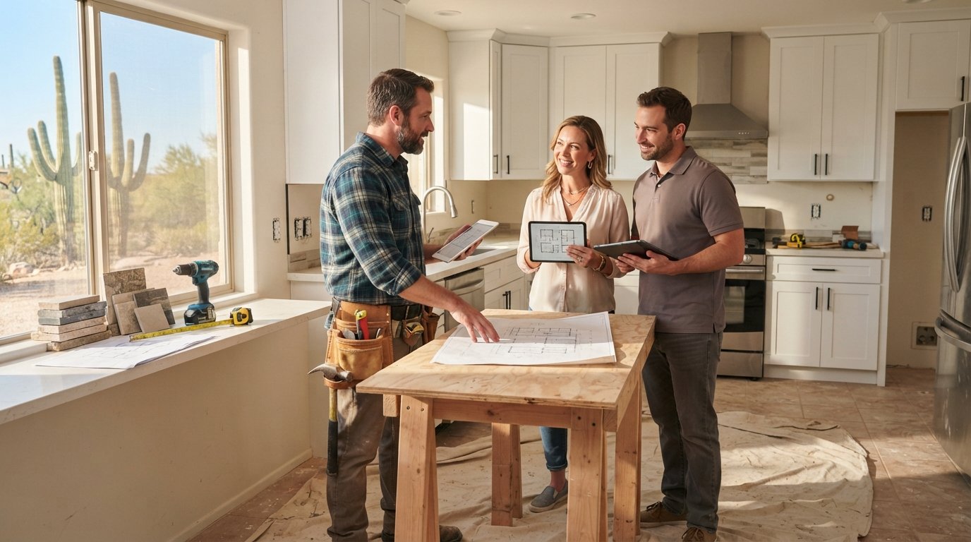 Contractor with tool belt shows tablet to homeowner couple beside white shaker cabinets and quartz countertops in bright…