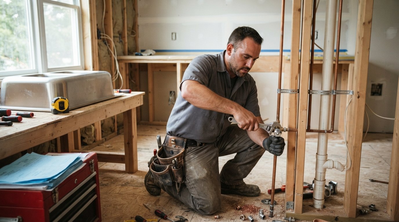 Plumber in gray shirt tightens chrome shutoff valve on exposed copper pipes with adjustable wrench in gutted kitchen under…