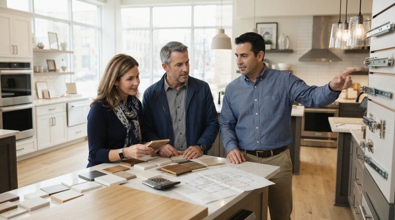 Couple reviewing quartz swatches, wood finish chips, and a calculator with a contractor in a bright kitchen showroom