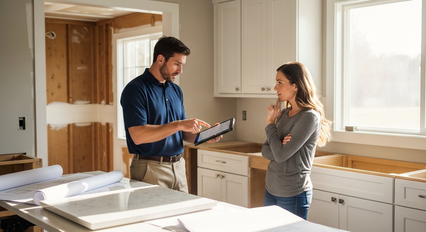Male contractor in a navy polo shirt points at a tablet screen while a female homeowner stands with crossed arms in a…