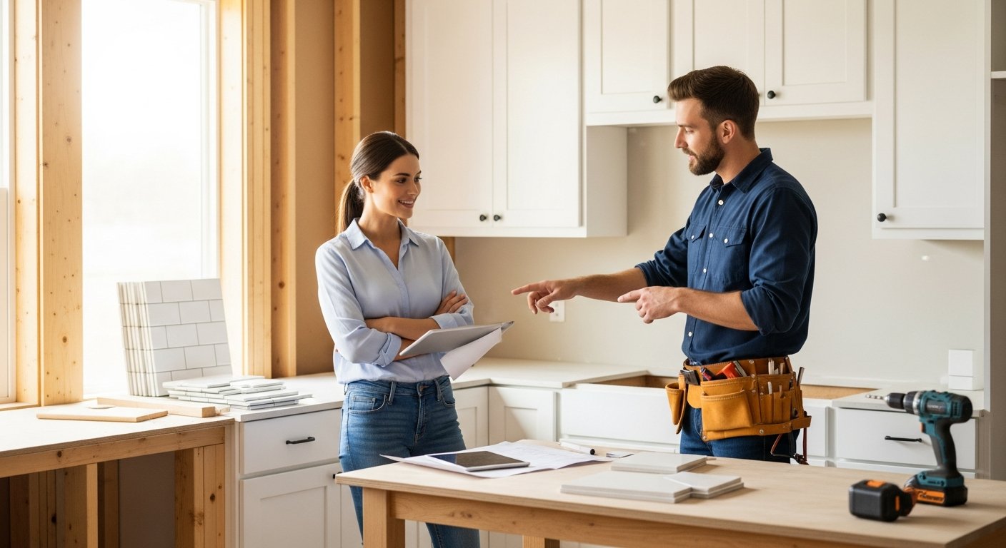 Woman with tablet smiling as male contractor points to white shaker cabinets and quartz countertop sample in bright,…