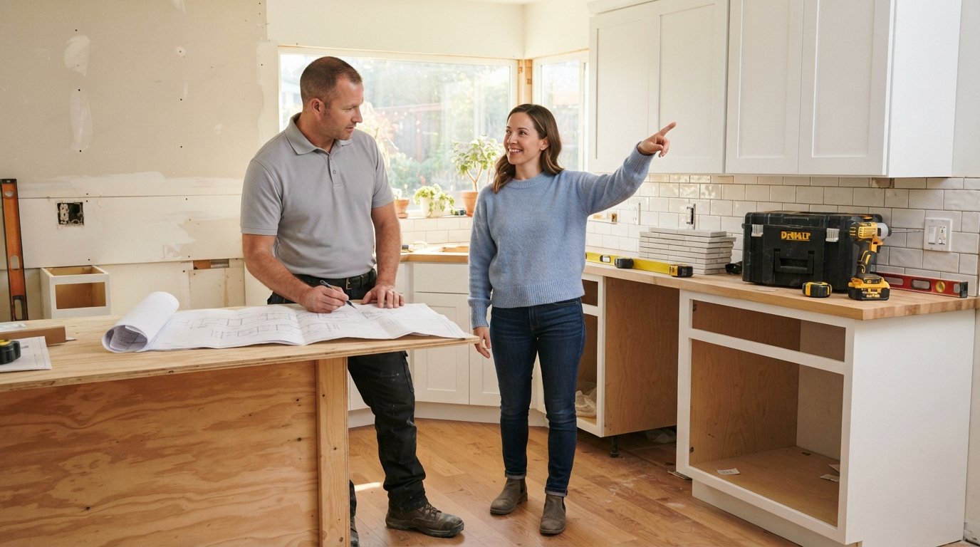 Contractor in grey polo holding blueprints while homeowner points at white shaker cabinets in a half-renovated kitchen.