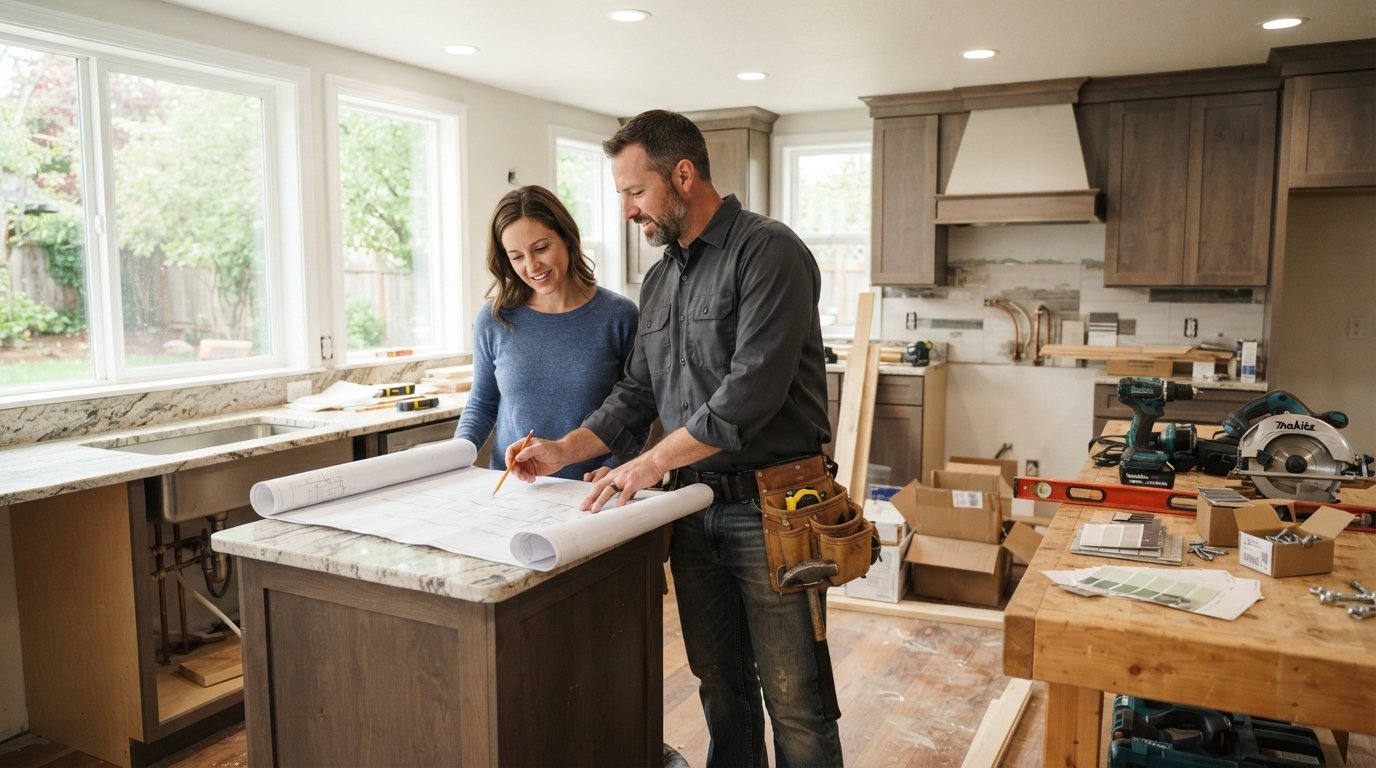 Contractor in tool belt and homeowner reviewing blueprints at a workbench in a bright kitchen with new cabinets, granite…