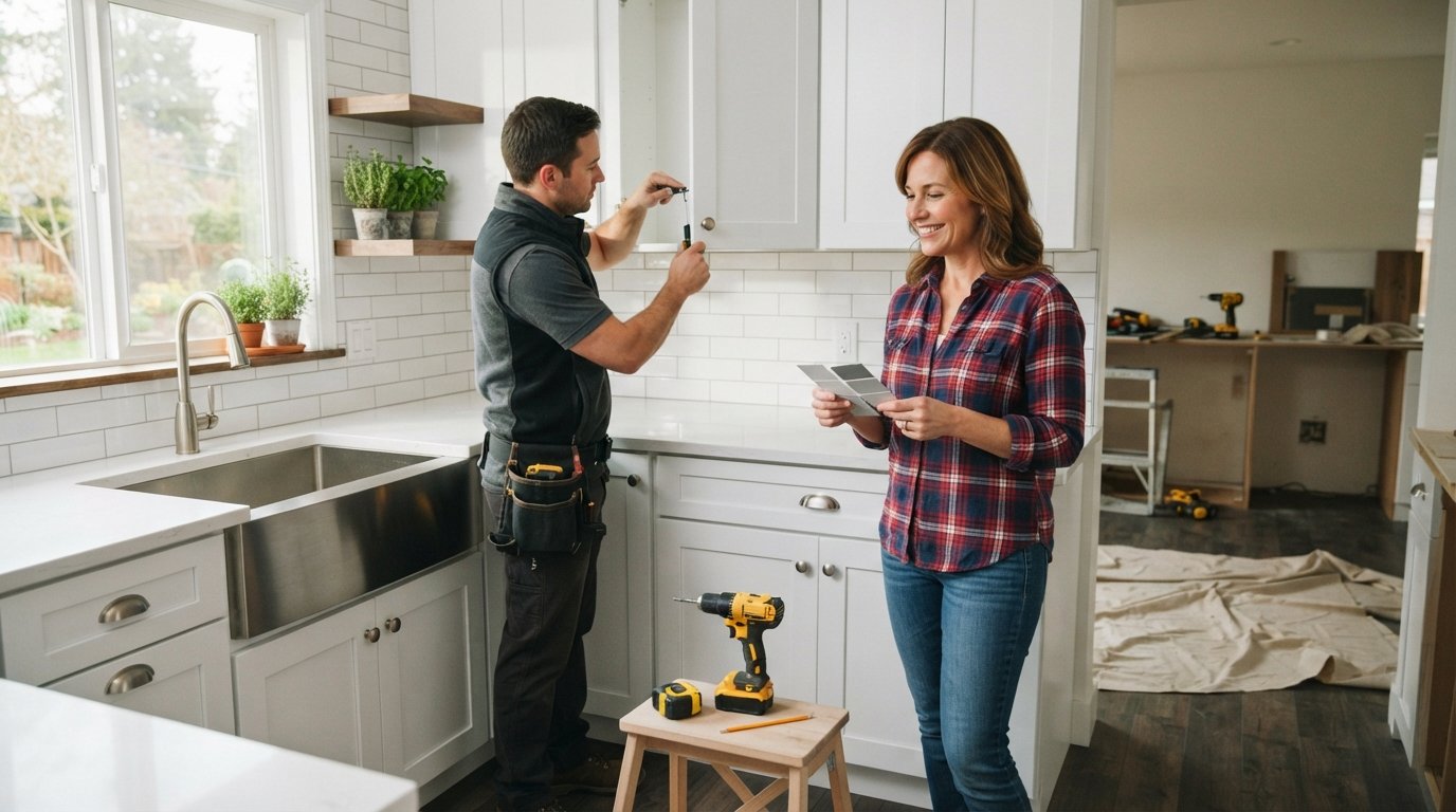 Woman holding a paint swatch at a quartz countertop while a contractor installs a white shaker cabinet door in a bright…