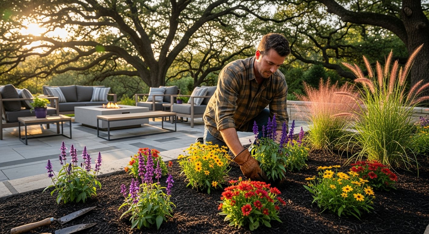 Professional landscaper in plaid shirt and work gloves planting colorful perennials and ornamental grasses in a freshly…