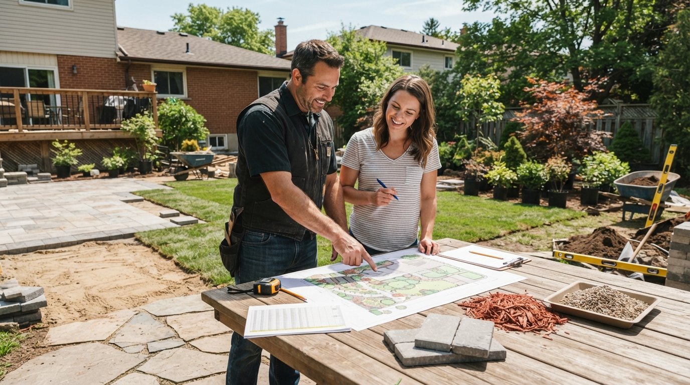 Landscaping contractor and homeowner review a site plan and budget spreadsheet at an outdoor table with paving stone and…