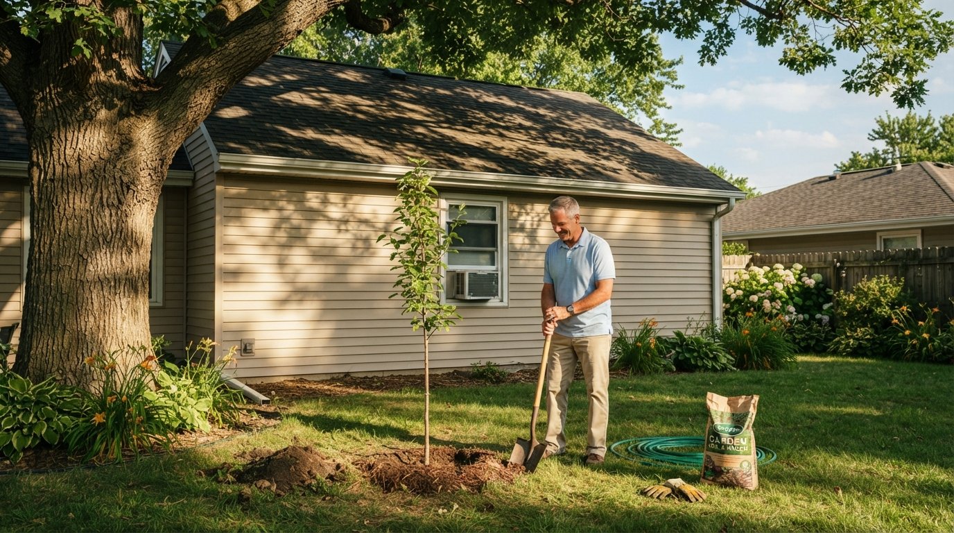 Mature shade tree casting dappled shadow on a single-story beige house while a homeowner with a shovel stands by a young…