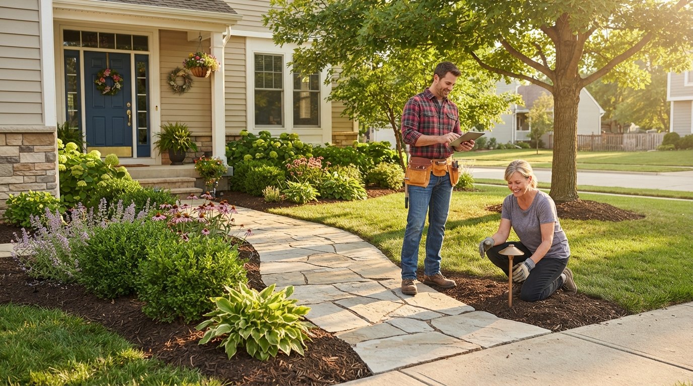 Homeowner in garden gloves kneels beside a new stone walkway light while a contractor reviews plans on a tablet in a…