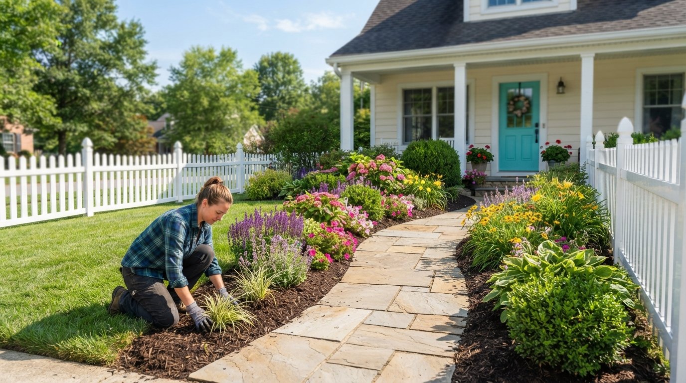 Landscaper plants ornamental grass beside a new stone walkway lined with purple, pink, and yellow flowers and dark mulch in…