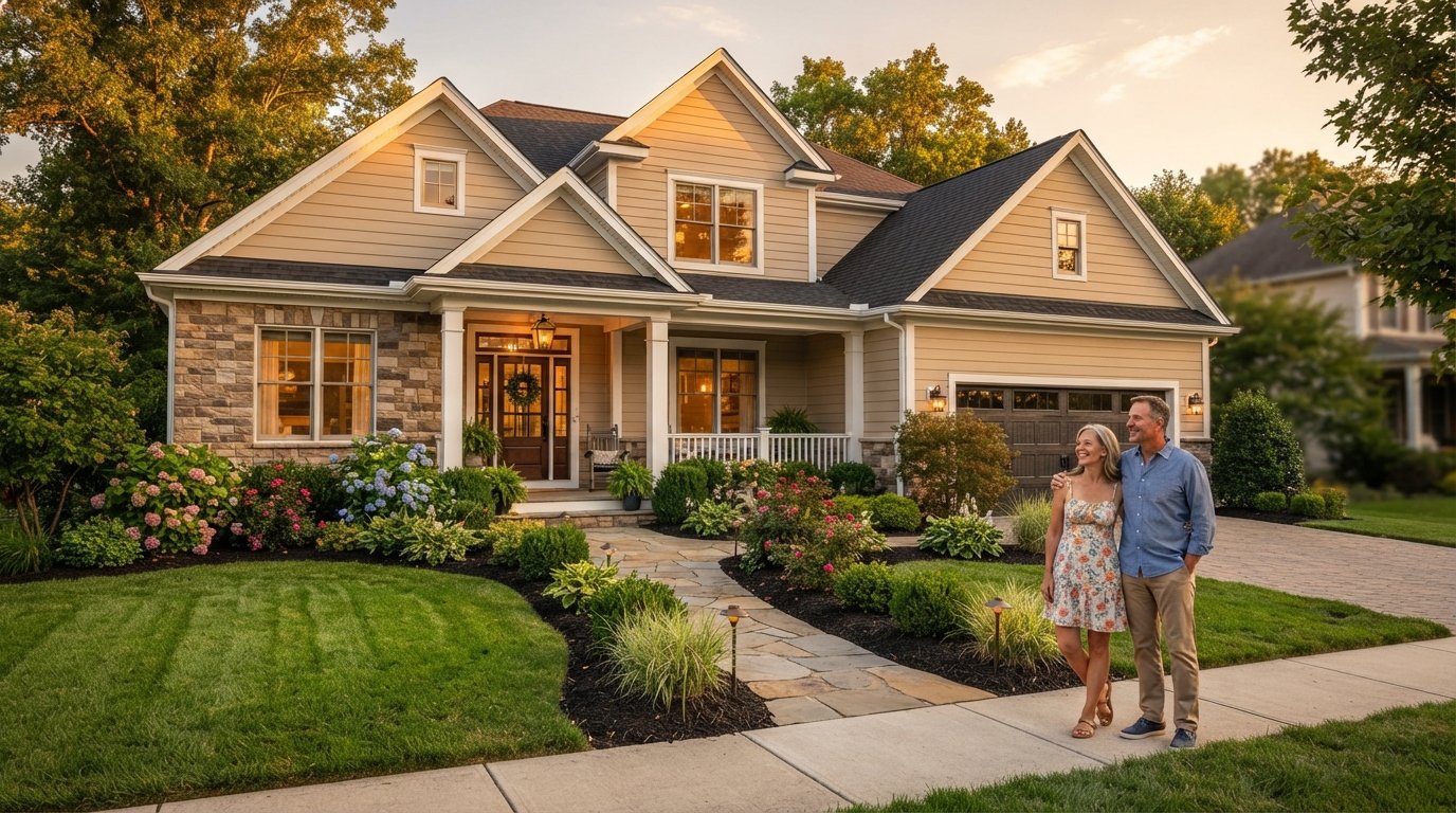 Couple admiring a manicured lawn, stone walkway, flowering shrubs, and mulched beds in front of a suburban home at golden…