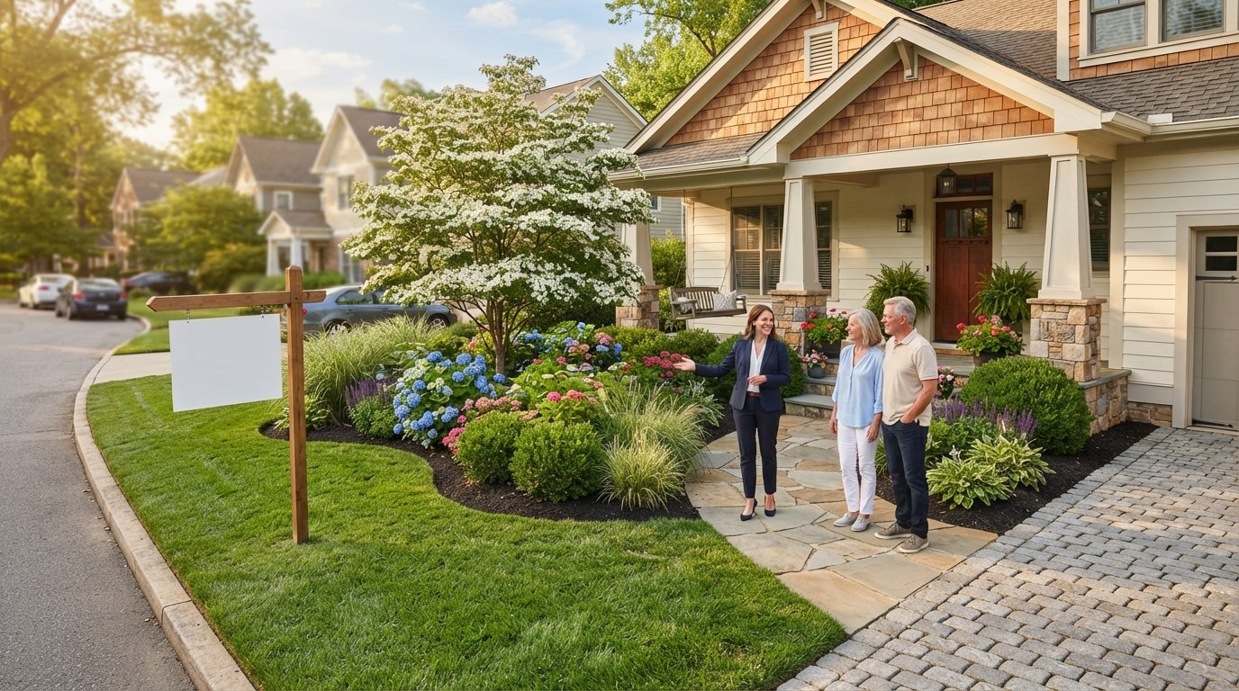 Manicured green lawn, curved stone walkway, hydrangeas, boxwoods, ornamental grasses, dogwood tree, and a craftsman house…