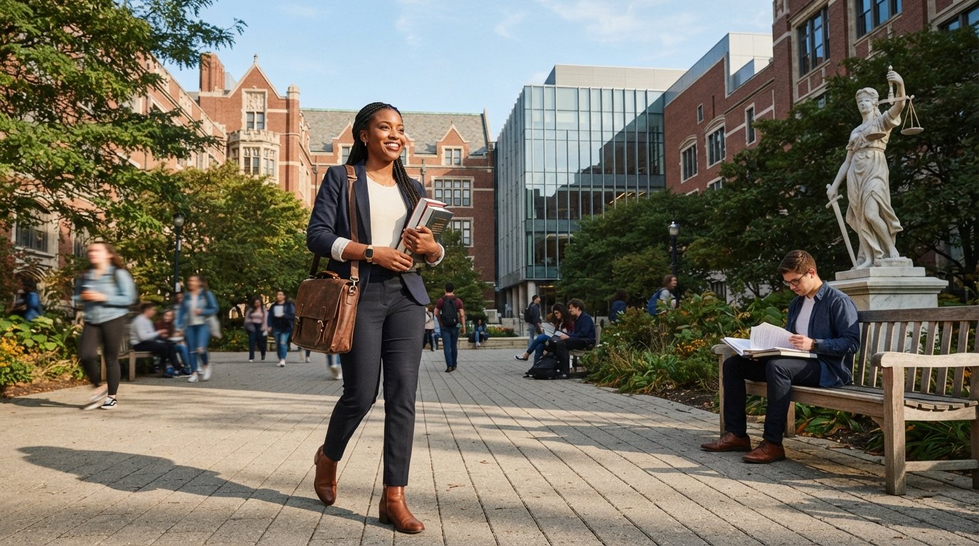 Adult student holding law books walks across DePaul University's Chicago campus with red-brick buildings and modern glass…