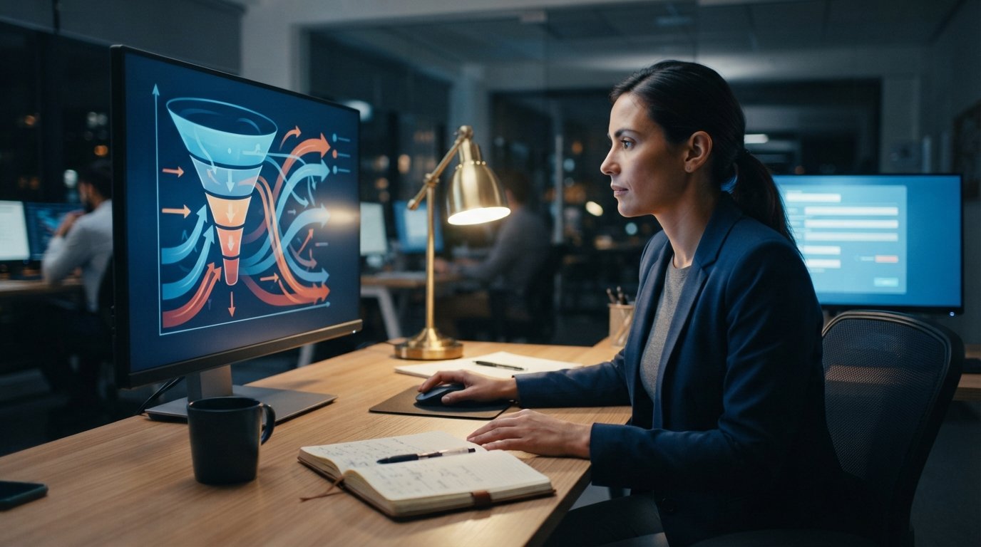 Marketer at a modern desk studies a monitor with a funnel-shaped data visualization and a sharp drop-off, beside a second…