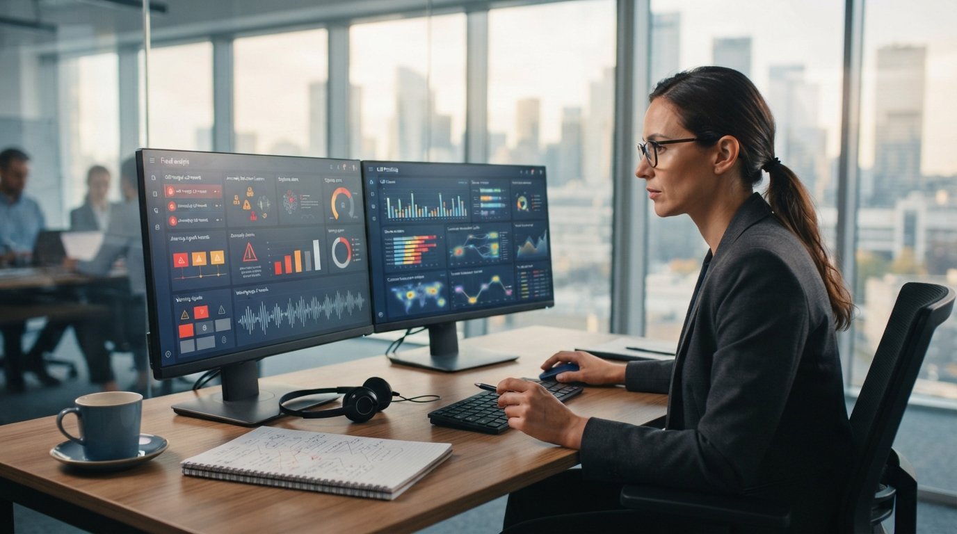 Fraud analyst at dual monitors reviewing flagged call records and a call tracking interface in a glass-walled office