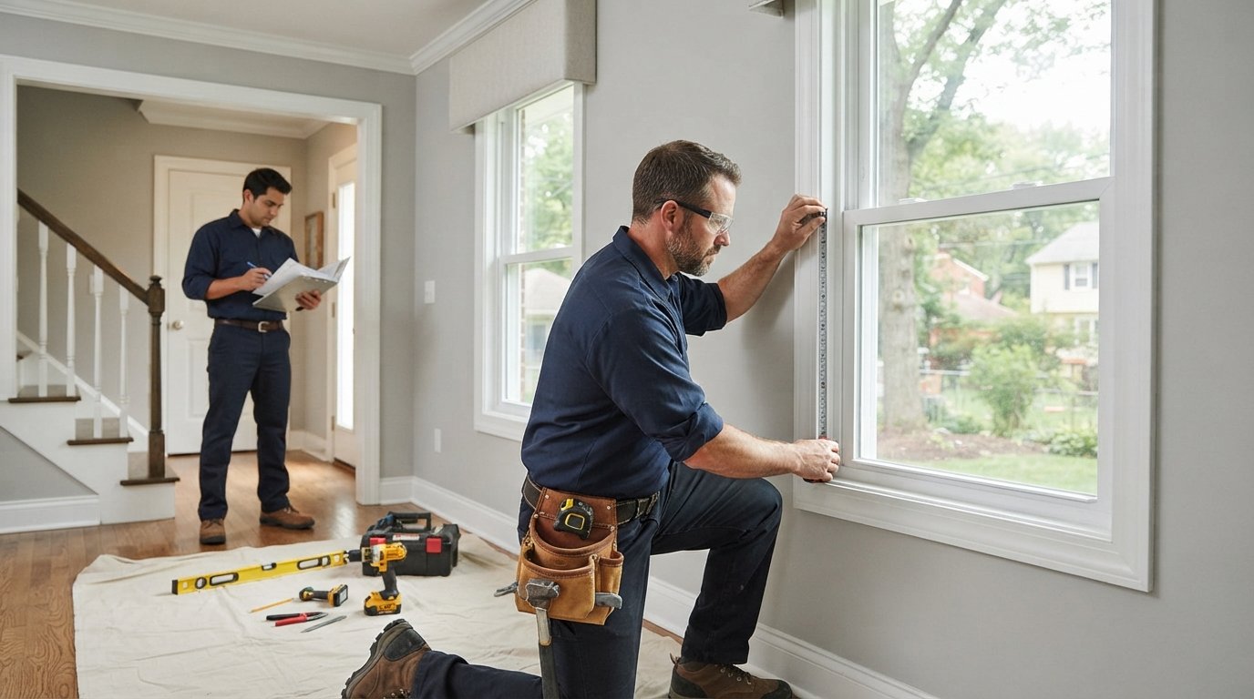 Contractor in navy work shirt measures a replacement window frame with a tape measure in a bright home, tools on a drop…