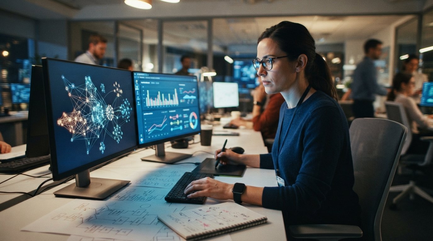 Analyst at a desk reviewing network graphs and call-tracking dashboards on two monitors, with flowcharts and a notepad…