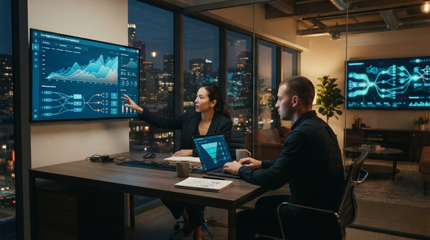 Two marketing professionals review live auction dashboards and lead-flow diagrams in a glass-walled office at dusk