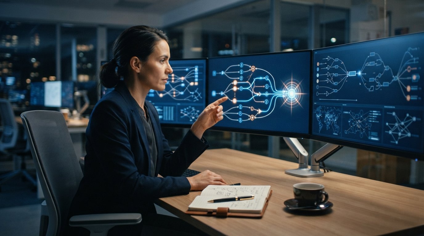 A focused lead operations manager in a modern office reviewing multiple monitors displaying abstract flow diagrams and…
