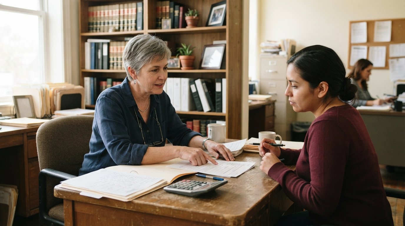 Attorney in a button-down shirt reviews paperwork with a client at a wooden desk in a legal aid office