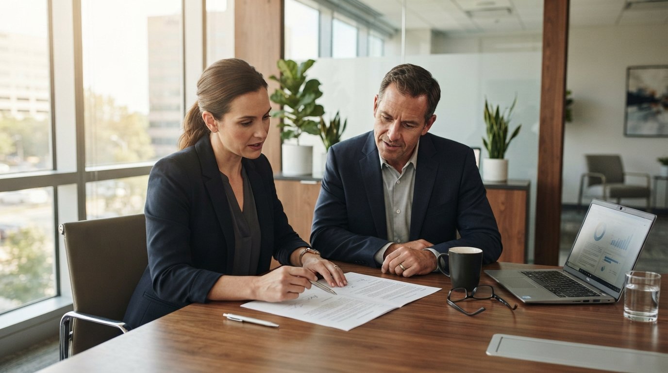 Two businesspeople in navy and gray attire reviewing a partnership agreement at a wooden conference table, with a pen,…