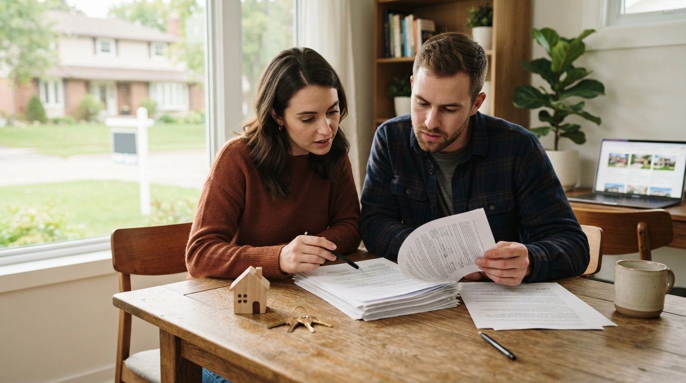 Couple in their twenties reviewing real estate contract papers at a table with a pen, model house, and keys beside a laptop.
