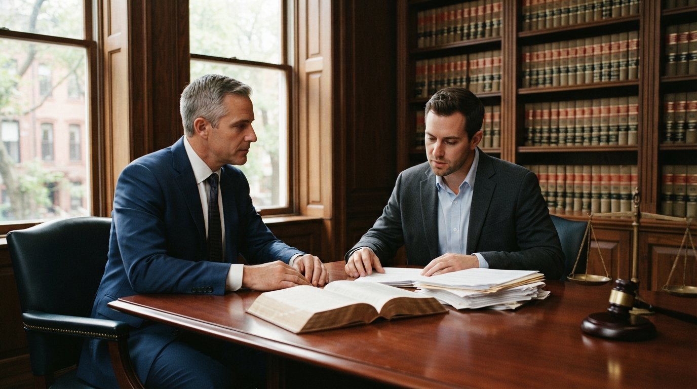 Lawyer in a navy suit and a client in business casual attire lean over an open book and legal documents at a mahogany desk,…