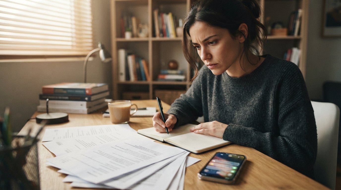 Person at a wooden desk reviewing printed messages and writing in a notebook, with a smartphone showing unread…