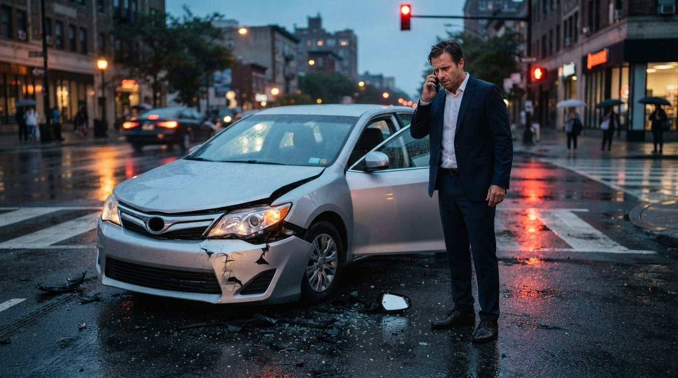 Distressed driver in a business suit stands by a damaged silver sedan at a rain-slicked intersection, phone to ear,…