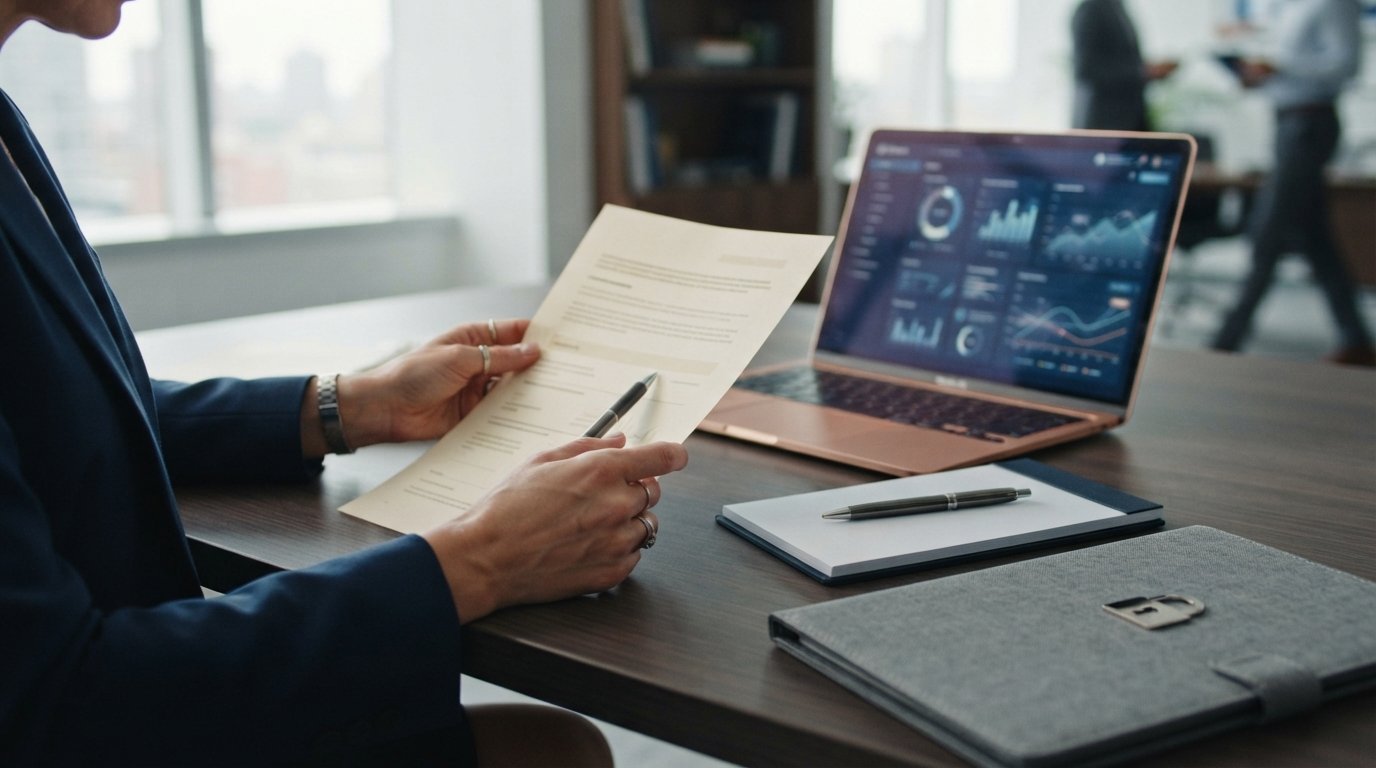 Hands in a modern office reviewing a printed consent form beside a laptop with a blurred data dashboard, legal pad, pen,…