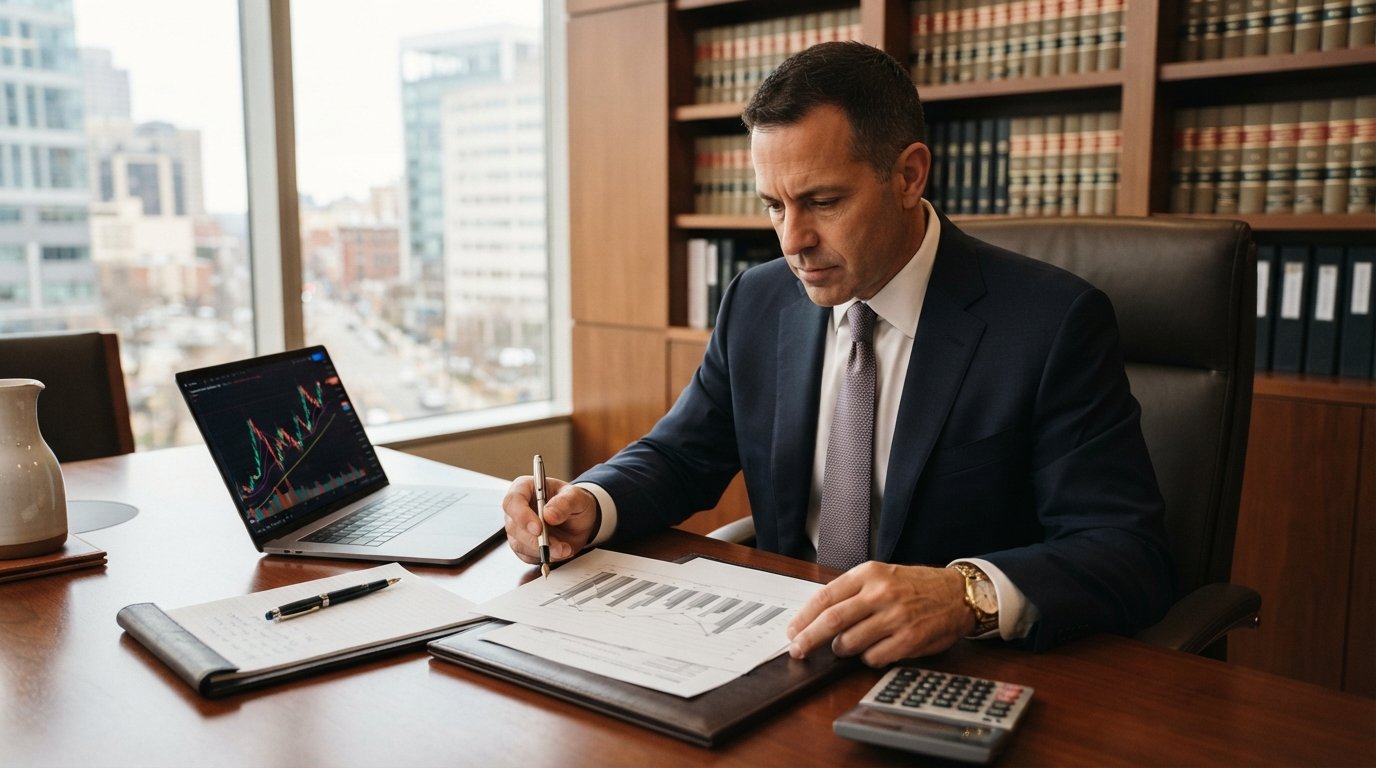 Attorney in a dark suit at a mahogany desk reviewing a printed cost-per-lead chart beside a laptop with pricing graphs,…