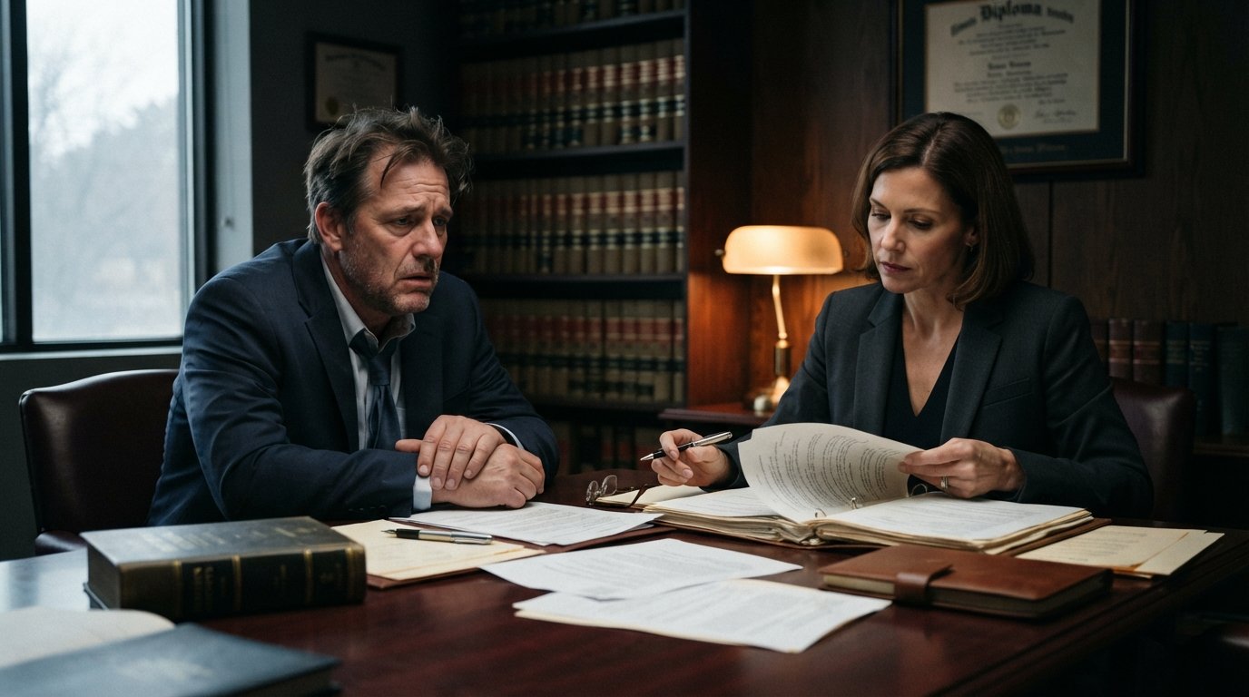 Attorney in a charcoal blazer reviews a thick case file across a mahogany table from a distressed client in a navy suit