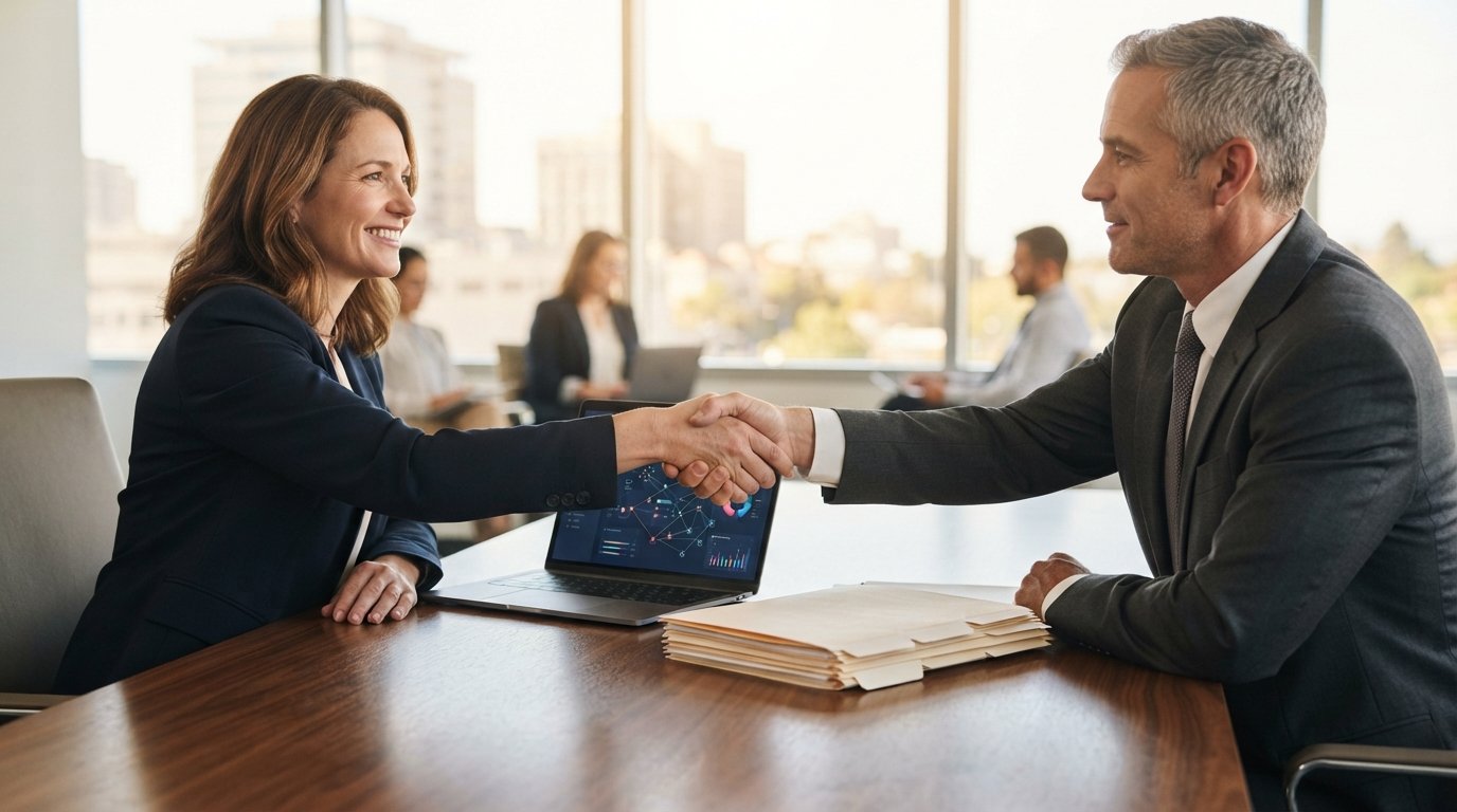Two attorneys in business attire shake hands across a conference table with a laptop and case folders