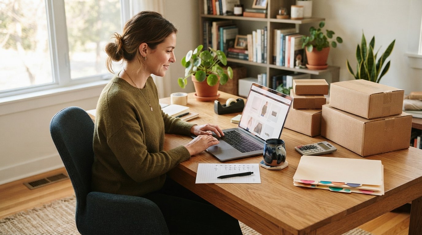 Small business owner at a wooden desk with a laptop showing an online store, shipping boxes, calculator, folder, checklist,…