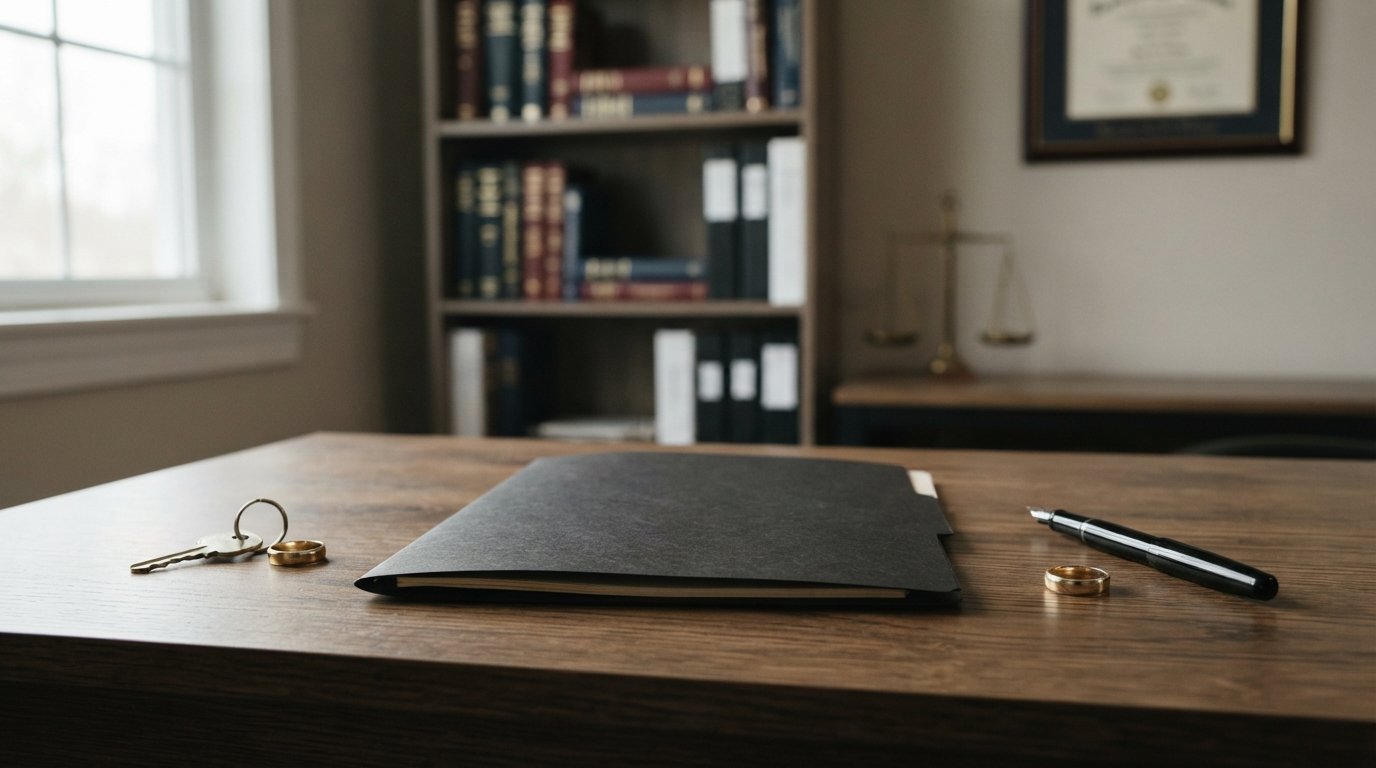 Two wedding rings on a wooden desk, each beside a legal document folder, one with a house key and the other with a closed pen