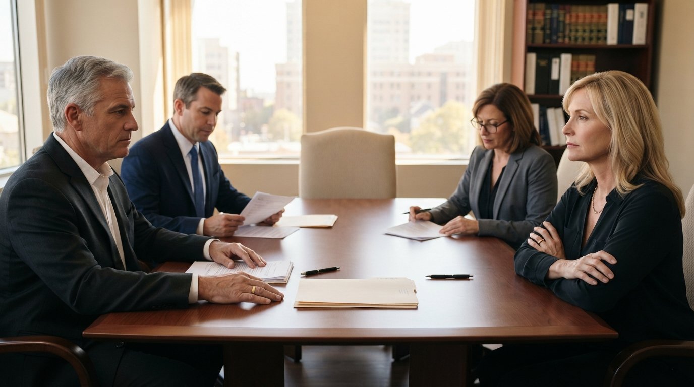Man and woman sit at opposite ends of a wooden conference table in a law office, wedding rings visible, with attorneys and…