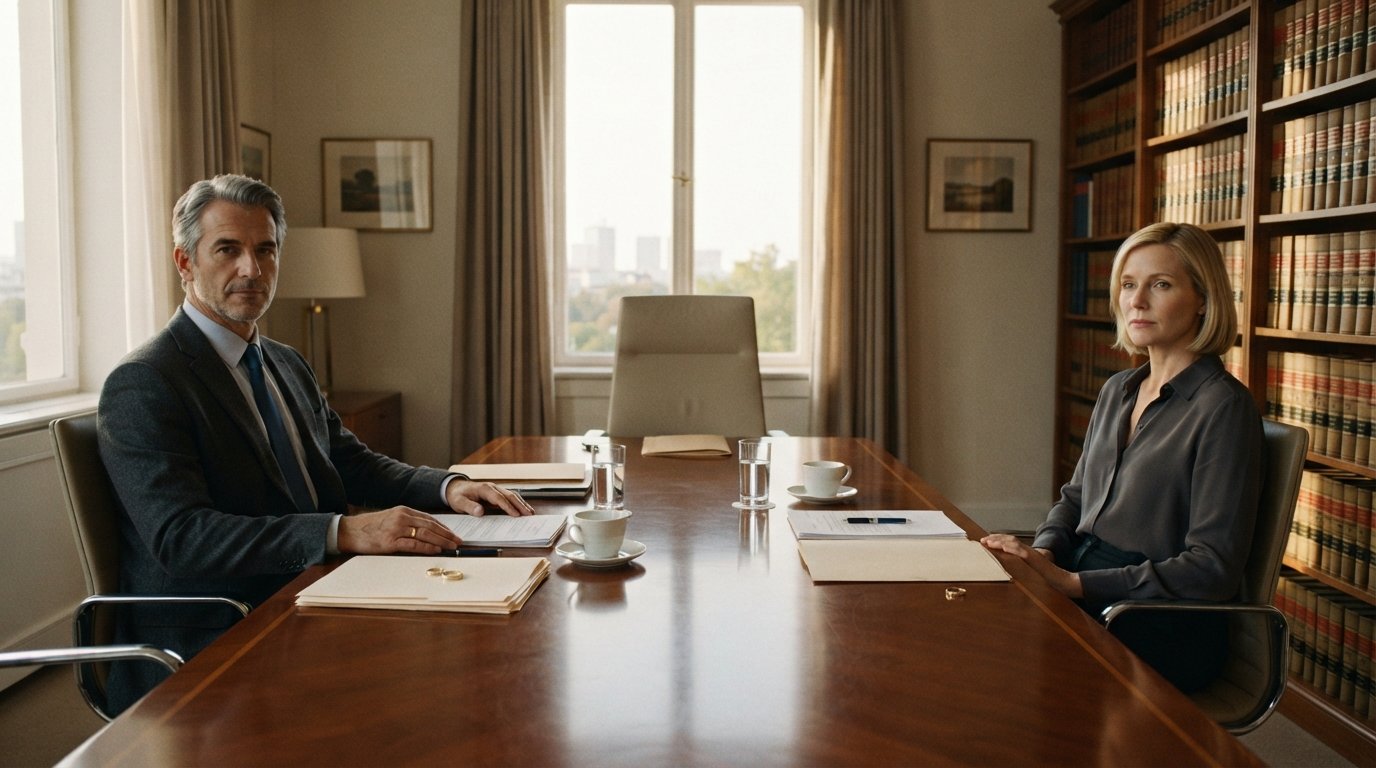 Man and woman seated at opposite ends of a wooden conference table in a sunlit law office, each with documents and a…