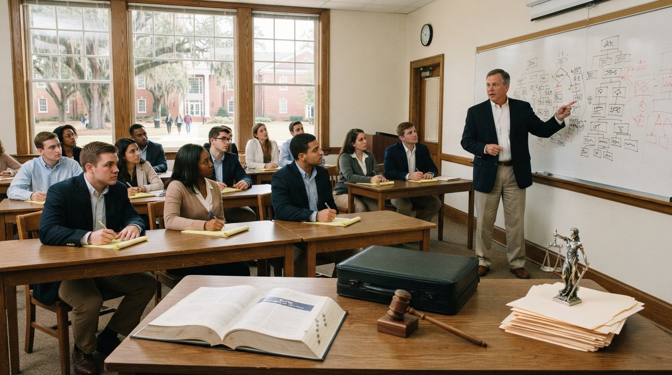 Students taking notes on legal pads in a sunlit classroom while a professor points to a whiteboard chart