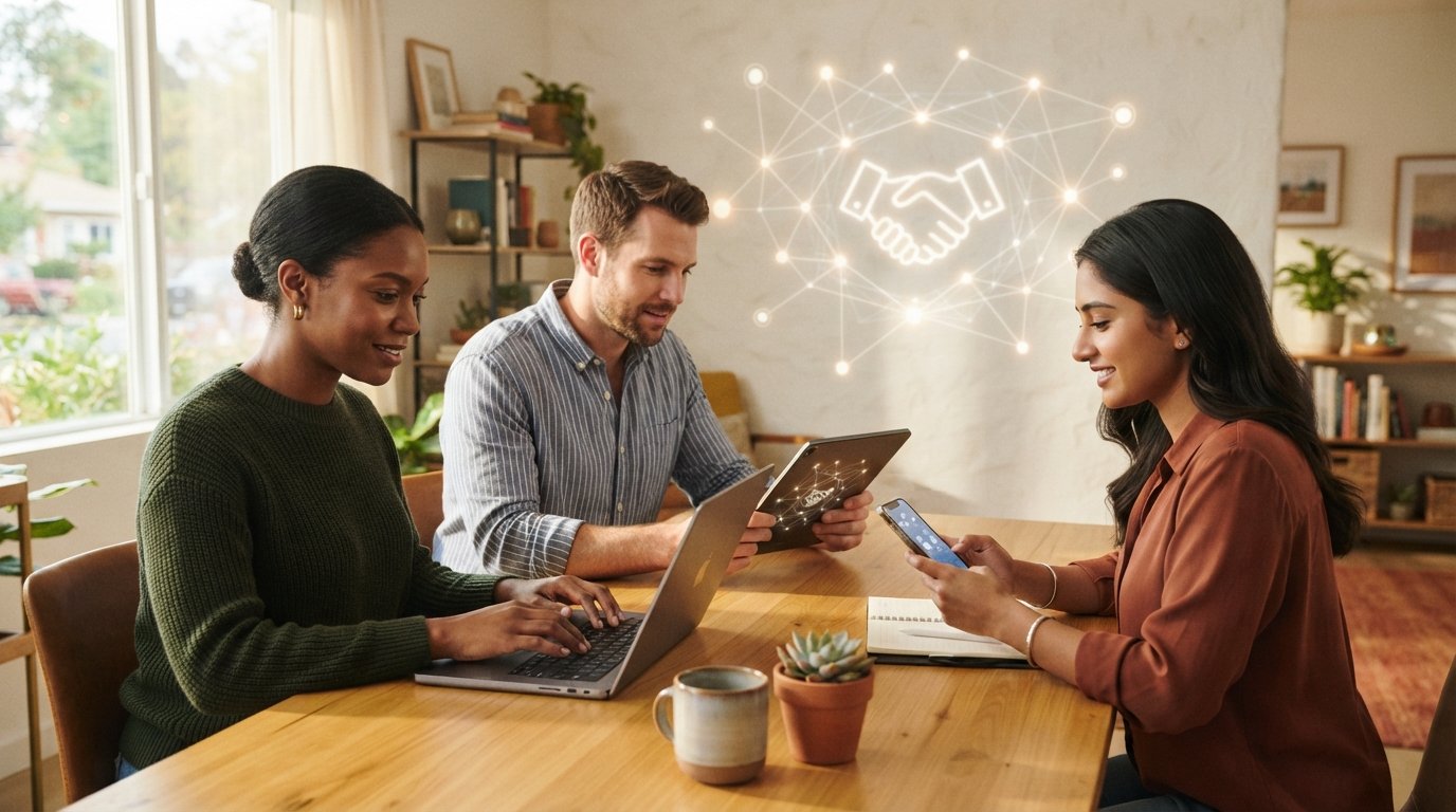 Three adults at a wooden desk using a laptop, tablet, and smartphone, with a glowing network diagram and handshake icon on…