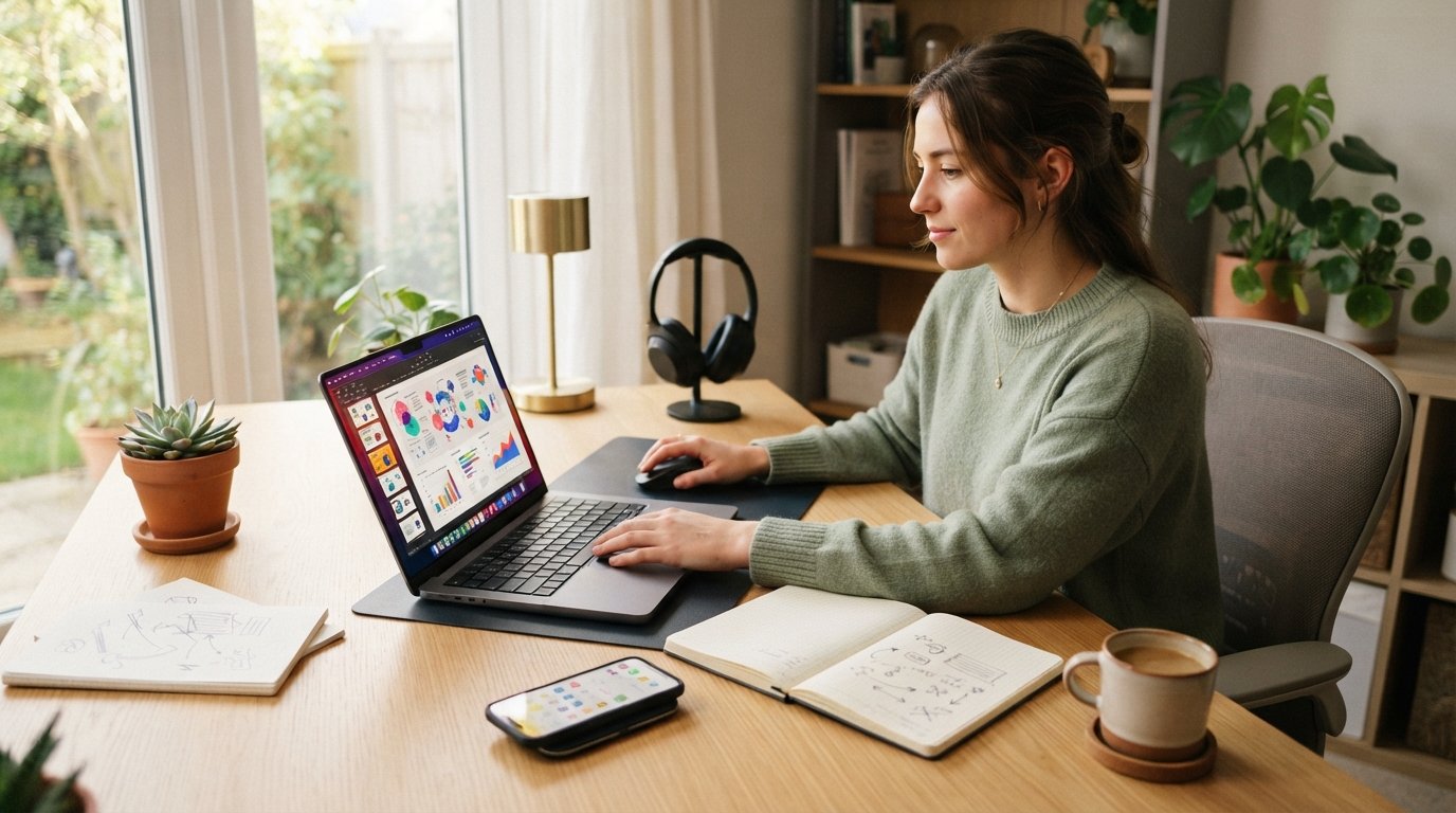 Young adult at a desk using a laptop with an online course, smartphone, planner, and coffee nearby