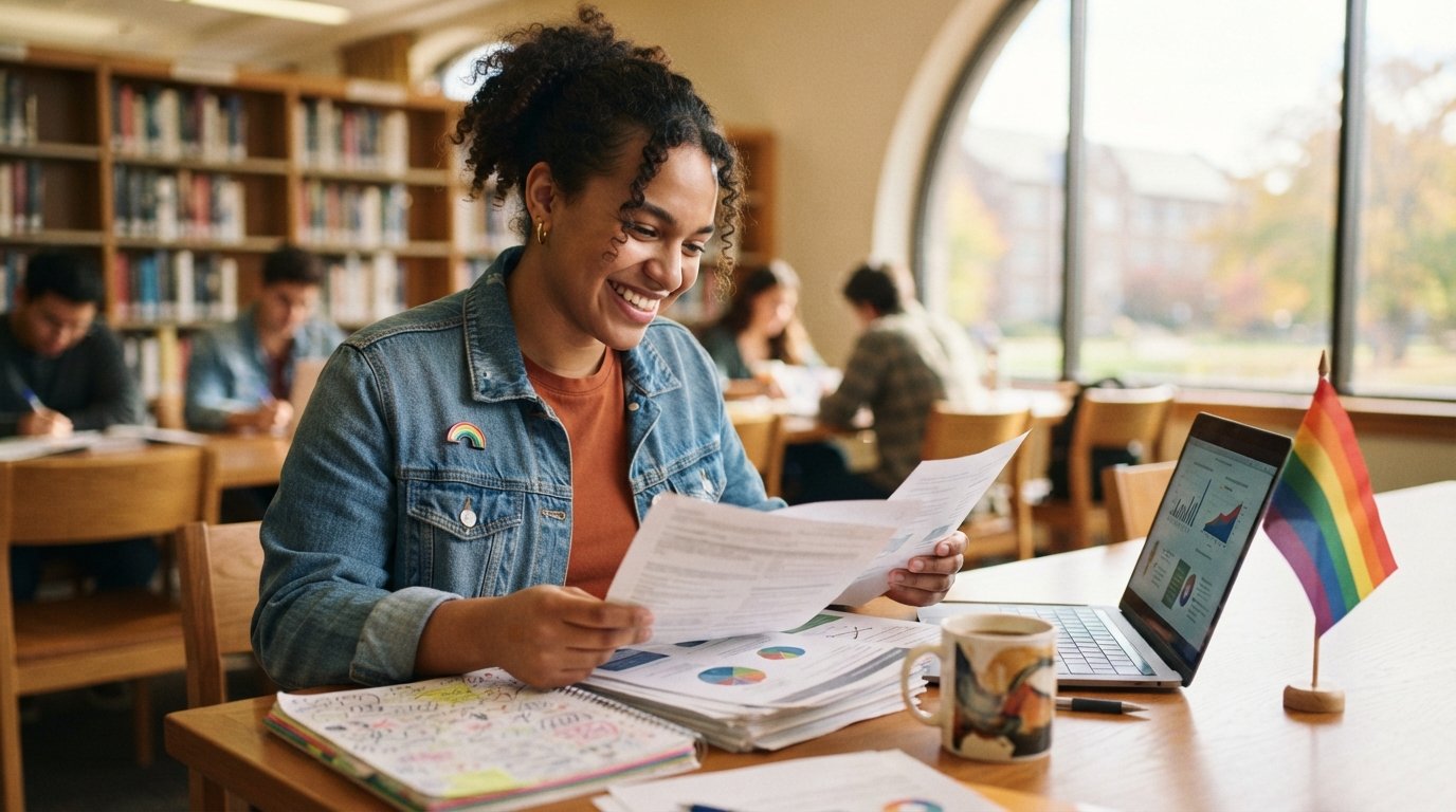 Smiling LGBTQ college student of color in a denim jacket with a rainbow pride pin reviews scholarship paperwork at a sunlit…