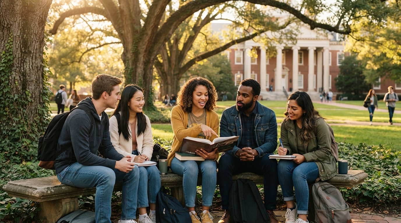College students sit on a stone bench under oak trees, reading books and taking notes on a sunny campus lawn.