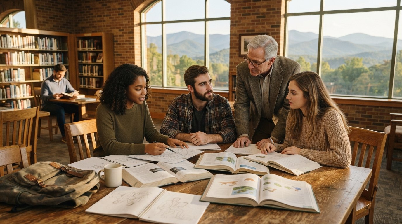 Diverse college students discuss open textbooks around a wooden table in a sunlit library as a professor leans in to guide…