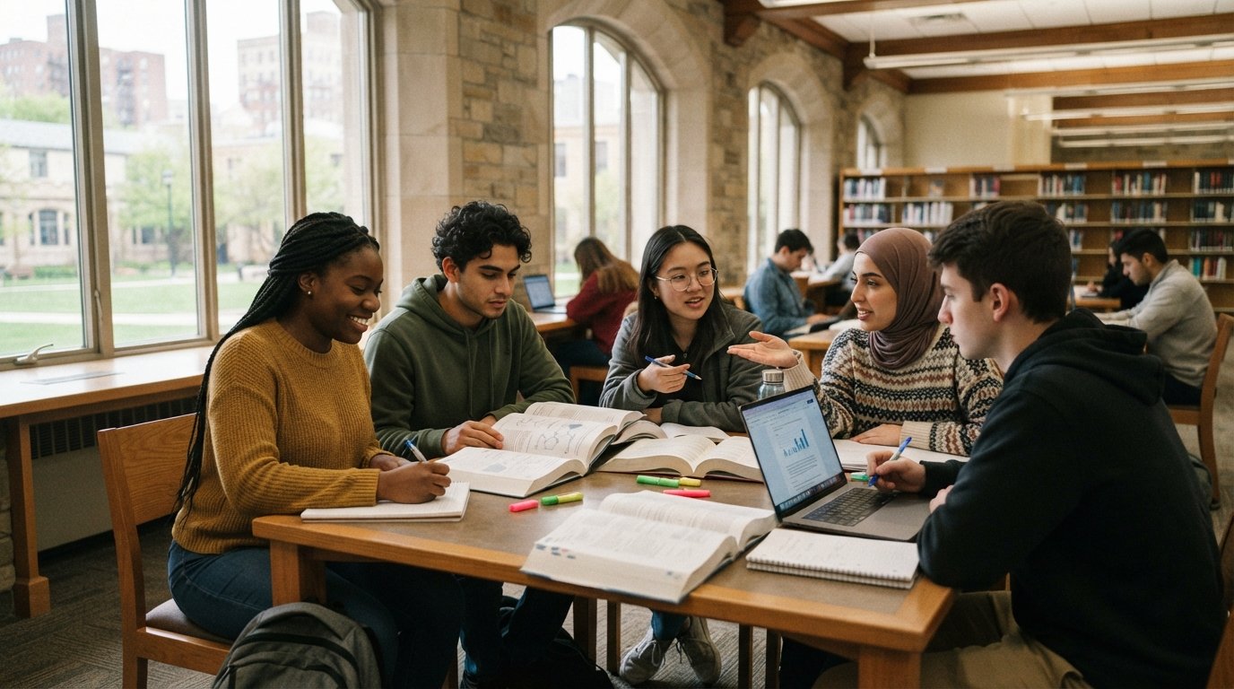 Diverse college students studying together at a library table with open textbooks, notebooks, and laptops in bright natural…