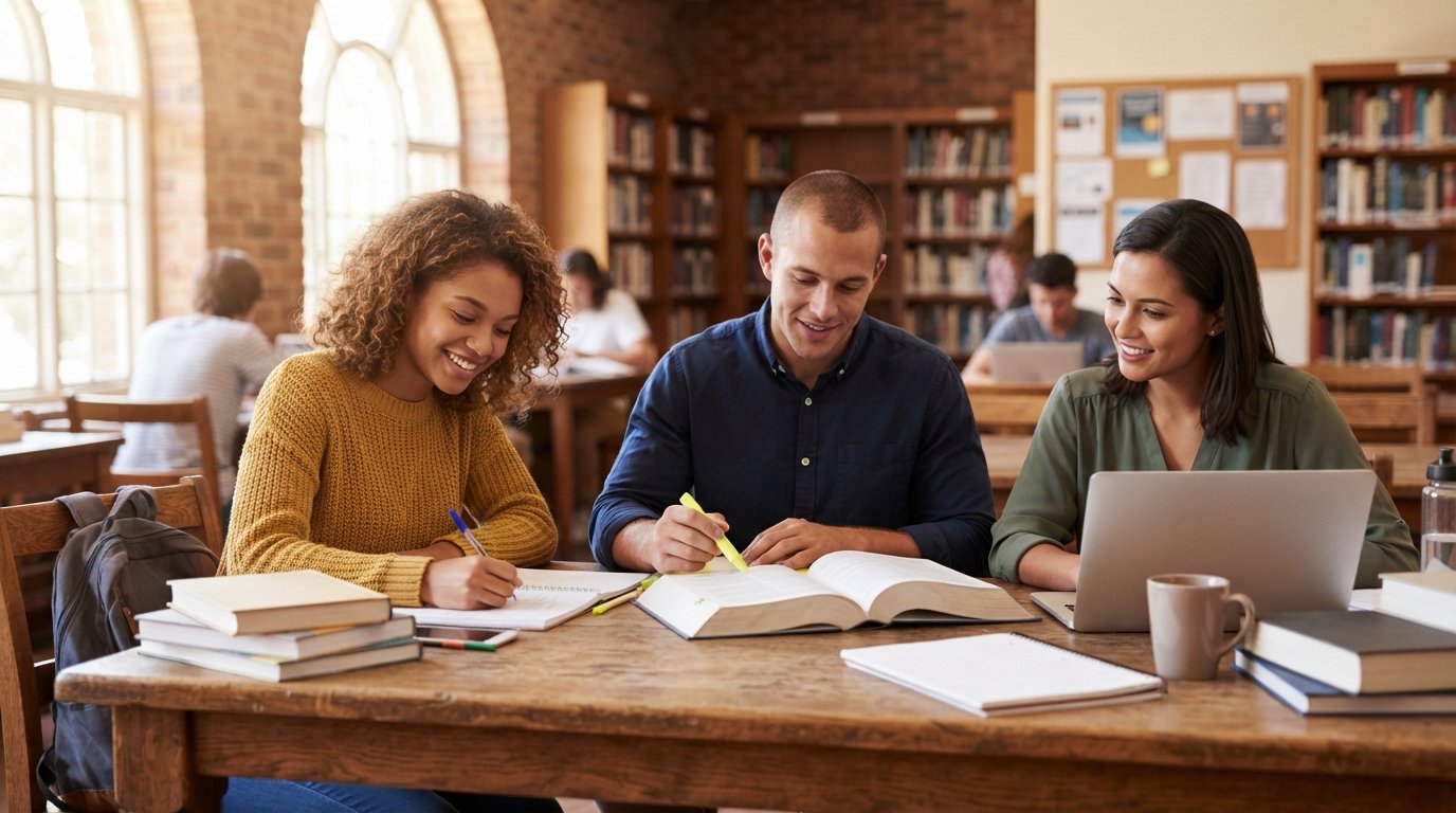 Three college students study at a sunlit wooden table, one writing in a notebook, one highlighting a textbook, one…