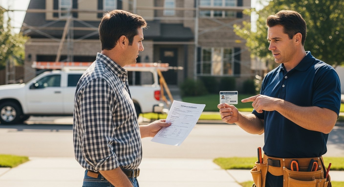 Homeowner holding a license document while a contractor points to a state-issued license card in a suburban driveway