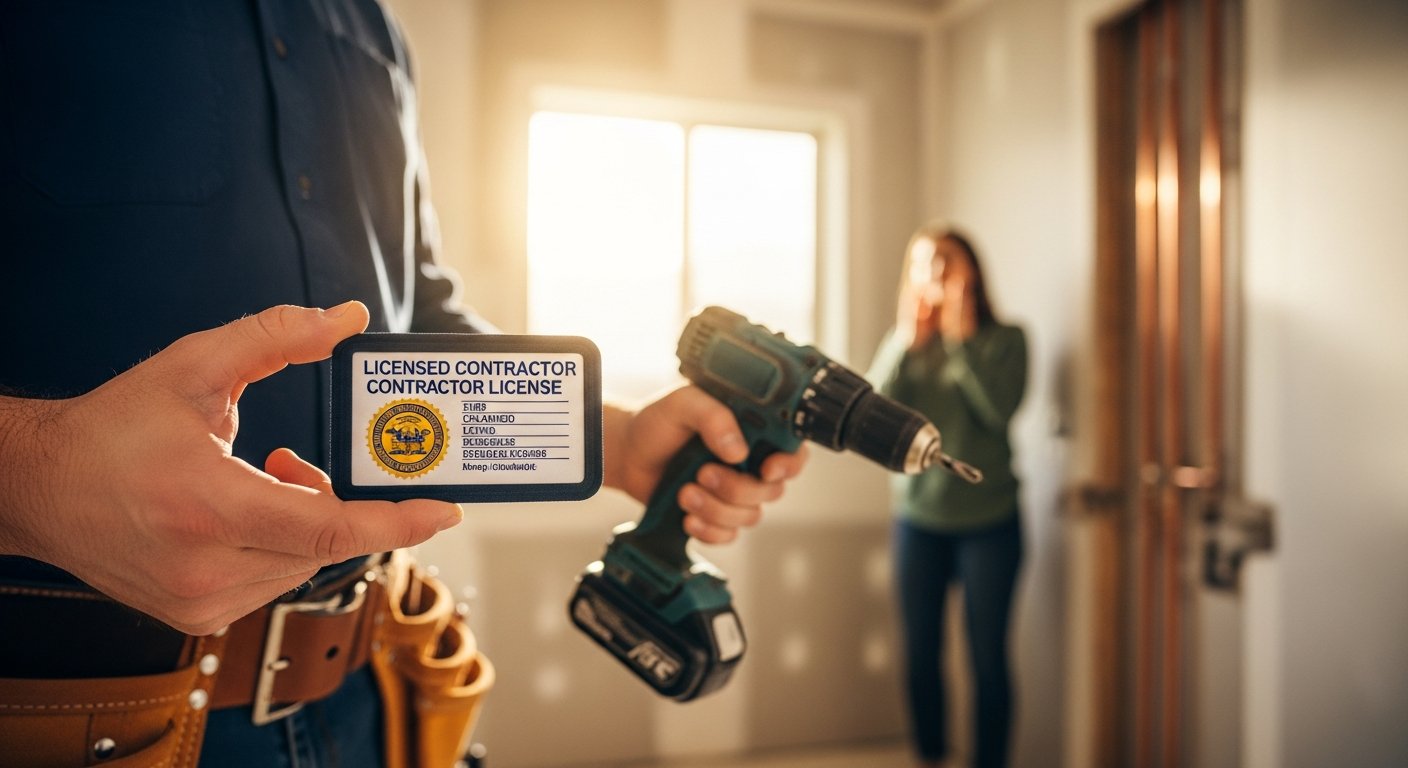 Contractor in navy work shirt holding official state license badge and cordless drill in sunlit bathroom under renovation