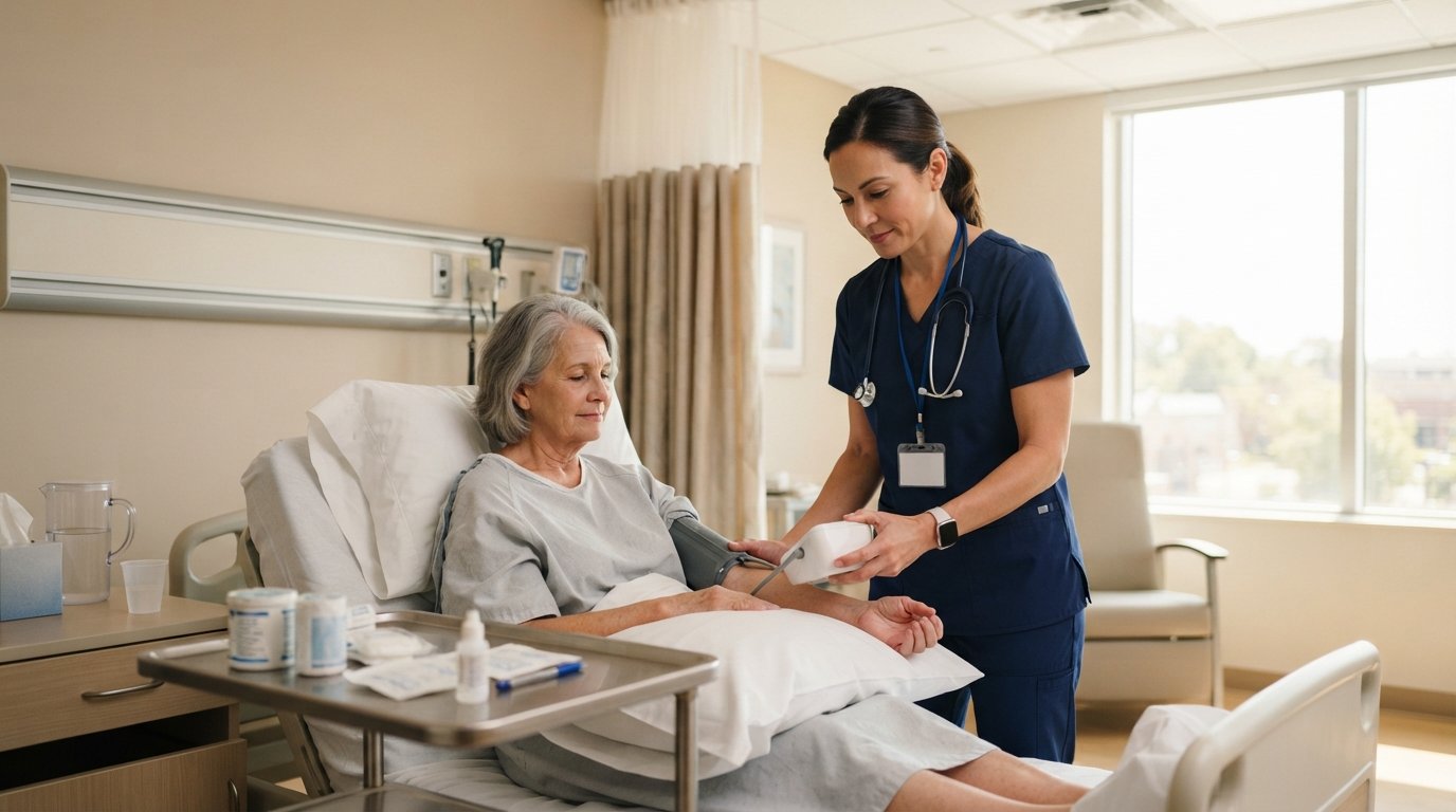 Nurse in navy blue scrubs checking a patient's blood pressure with a digital monitor in a bright clinic room