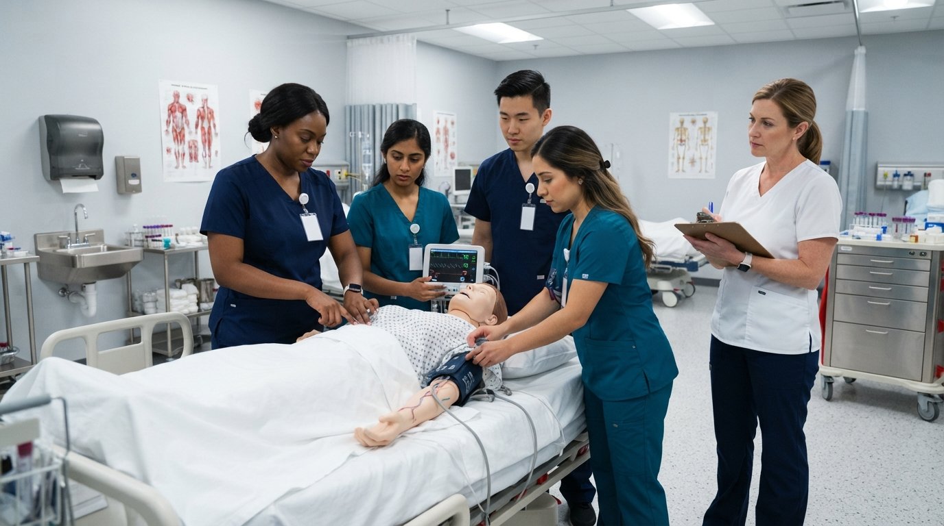 Adult nursing students in scrubs check a mannequin's vital signs while an instructor observes in a clinical lab