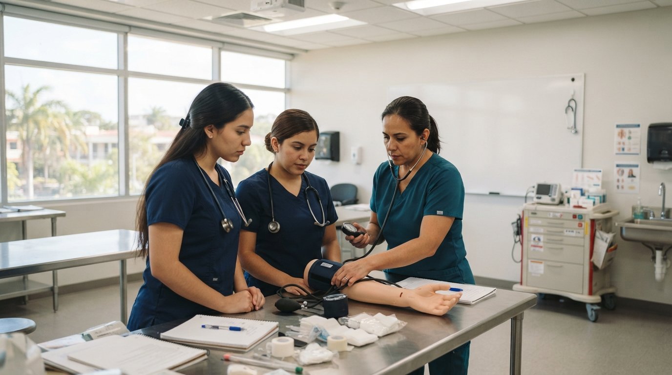 Instructor in teal scrubs demonstrates blood pressure check on a mannequin arm to two nursing students in navy uniforms at…